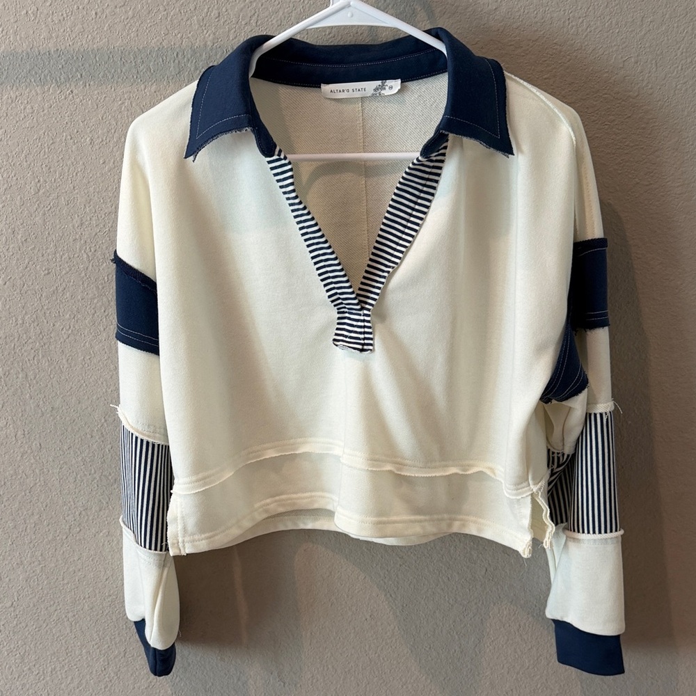 Altar'd State Navy and Cream Collared Sweatshirt